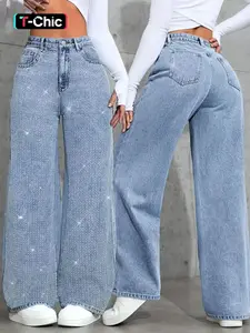GILIPUR Women's Fashionable High Waist Wide-Leg Button Denim Jeans, Fitted Woven Fabric, Baggy Loose Light Wash Straight-Leg Jeans, Rhinestone Embellished, All-Season Fashion Pants, Casual Loose Jeans, Womenswear, T-Chic