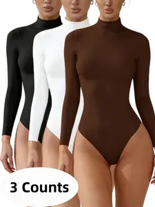 1/2/3 Counts Women's Solid Color Long Sleeve Slim Fit Bodysuit, Mock Turtle Neck Tops for Ladies, Comfortable Loungewear, Fashionable Commuter Shirts, Casual Comfy Warm Womenswear, Suitable for Daily Wear Or Party, Stretchy Bodysuits