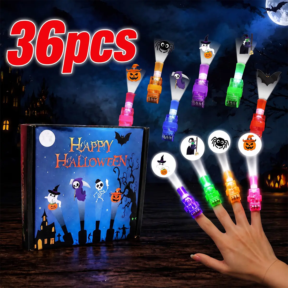 Halloween Party Favor Finger Light - 36Pcs Pumpkin Ghost Spider Mini LED Light Up Glow in the Dark Toy Kids Halloween Candy Student Reward Class Prize Holiday Birthday Gifts Party Favor Supply
