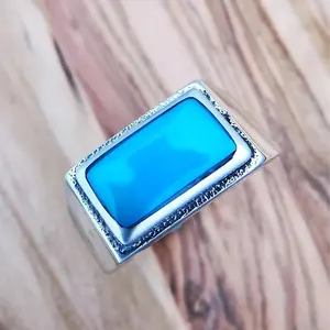 Size 10-925 Sterling Silver & Sleeping Beauty Turquoise Frame Rectangular Ring, Overlaid Geometric Design, Statement Gemstone Band, Handmade Abstract Square Birthstone Jewelry