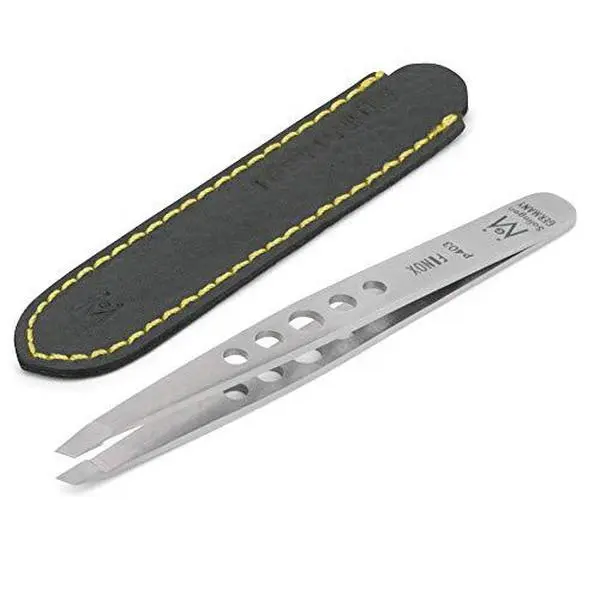 GERMANIKURE Professional Slanted Tweezers - Perforated Handle, FINOX Stainless Steel, Leather Case - Precision & Durability, Made in Solingen, Germany
