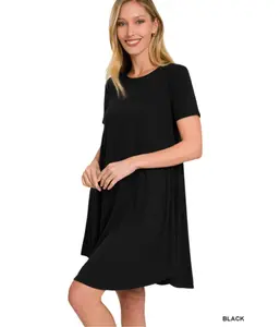 Black Short Sleeve Dress with Side Pockets