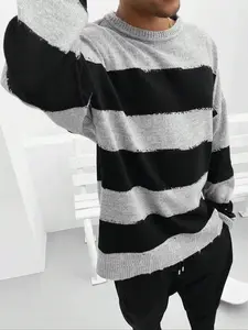 Men's Casual Outdoor Crew Neck Sweater, Trendy Street Style, Textured Warm Striped Knit, Comfortable & Fashionable for Daily Wear