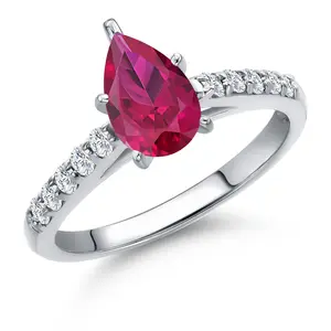 Gem Stone King 10K White Gold 9X6MM Pear Shape Gemstone Birthstone and Lab Grown Diamond Engagement Ring For Women | Wedding Anniversary Promise Gold Ring | Available in Size 5 to 9