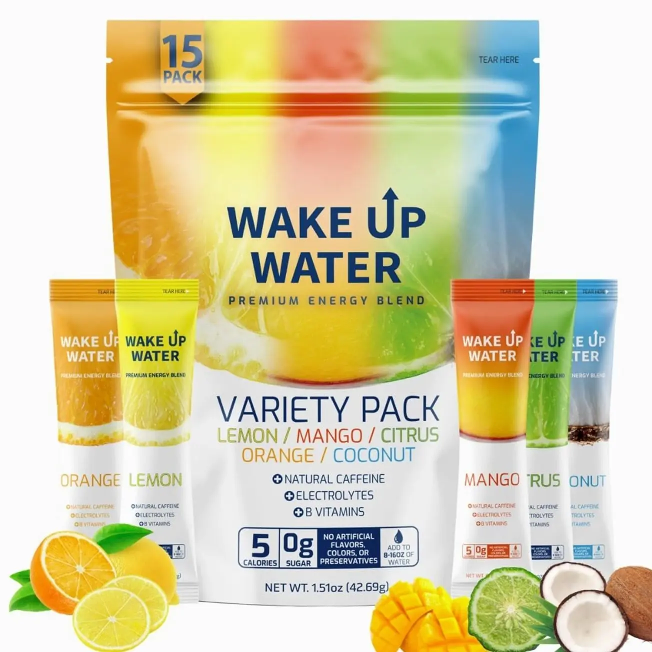 Wake Up Water Energy Drink Mix, Sugar Free Clean Energy Powder with Electrolytes & B Vitamins, Natural Caffeine for Focus & Hydration (15 Pack) - Variety