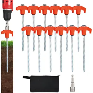 12 Pack 8 Inch Heavy Duty Screw-in Metal Tent Stakes, Ground Anchors with Hex Head Driver, Durable Orange Outdoor Camping Tent Accessories