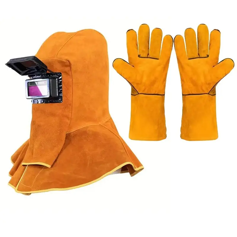 (3pcs Pack) Leather Sun Hat and Helmet + Leather Gloves, with Automatic Darkening Filter, Work Hat and Helmet, Yellow Full-face Helmet and Neck and Shoulder Protection.