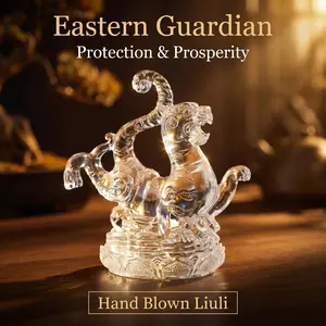 Krystal One of a Kind Hand Blown Liuli White Tiger Statue, Frosted Clear Translucent Glass with Light Refracting Texture, Mythical Eastern Guardian of Protection Courage & Prosperity, Unique Home Office Desk Shelf Decor & Business Gift