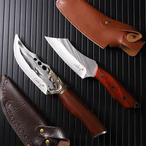 Save this practical 2-piece set | Tiger Head Forged   Mirror-Polished Solid Wood Chef Knife Set, paired with a genuine leather sheath, suitable for outdoor camping, slicing vegetables, cutting meat, and daily home use, multi-purpose chef knife.