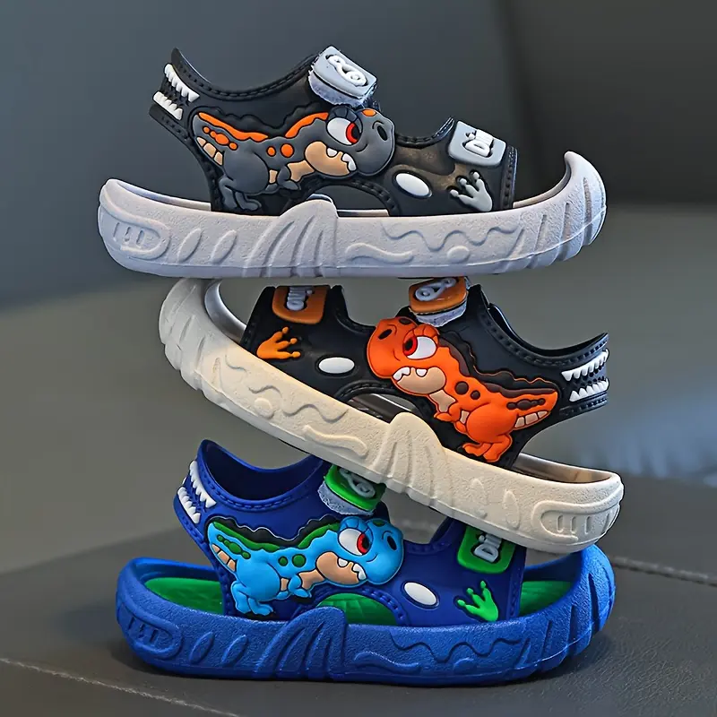 Boys' Cartoon Dinosaur Sandals, Synthetic Open Toe Design with a Soft Bottom, Ideal for Summer Beach and Outdoor Play (6-12 Years), Soft Bottom Sandals, Comfortable