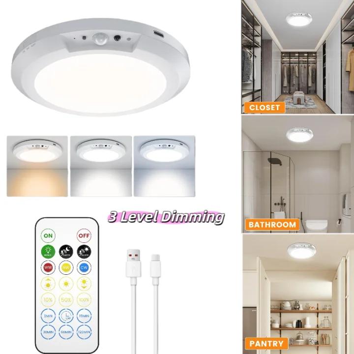 USB Rechargeable Motion Sensor Ceiling Light with Remote – Magnetic Wireless LED Ceiling Lamp, Battery Powered, Stick-On Light for Closet, Shower, Stairs, Hallway, Porch & Patio