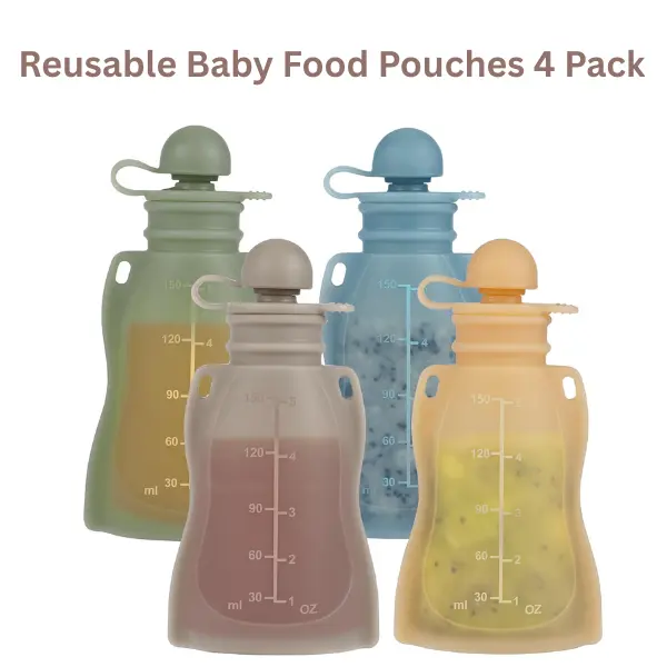 Reusable Baby Food Pouches 4 Pack, Silicone Squeeze Pouches for Toddlers, Free Refillable 5 oz Summer Gift