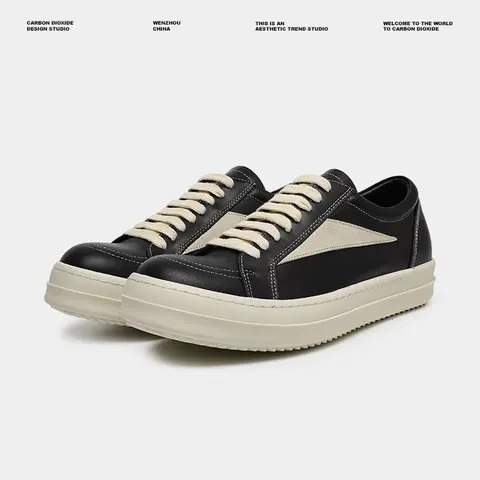 Men's Leather Chunky Casual Trainers - Lace-Up Ankle Upper, Thick Anti-Slip Sole, Round Toe, All-Seasons Casual Footwear for Walking, Big-Head Streetwear Shoes
