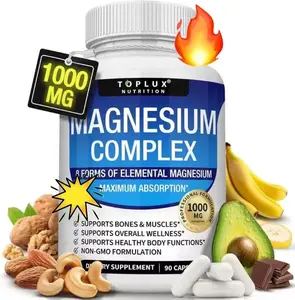 Dietary Magnesium Complex Supplement - 8 Elemental 1000mg, Glycinate, Citrate, Malate, Taurate, Chelated for Easy Absorption, Supports Bones, Muscle Recovery, Energy, Vegan, Non-GMO, 90 Capsules for Women & Men