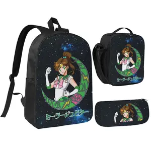 Three Piece Set Sailor Moon4 Printed Backpack Waterproof Curved Adjustable Shoulder Strap High Capacity Mesh Messenger Bag