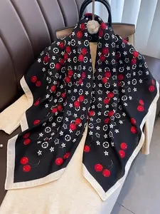 Cherry Print Scarf Shawl, Sweet Style Neck Warmer, Versatile Outerwear Accessory, Cozy Winter Wrap, Fashionable Collar Protector