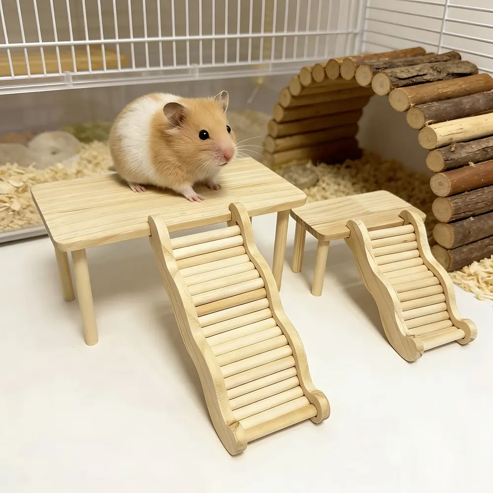 1 Set Durable Two-Tier Solid Wood Hamster Climbing Platform + Wavy Ladder, Bite-resistant and Stable Small Pet Hideout, Landscaping Decorative Supplies Climbing Solid Wood Table Suitable for Small Pets in All Seasons, Hamster Cage Accessories