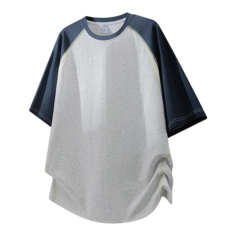 Men's Loose-Fit Crew Neck Raglan Short Sleeve Polyester T-Shirt - Contrast Sleeves, Bright Stitch Seam, Medium-Length Curved Hem Basic Top, Machine Washable for Campus Daily & Summer Casual Outfits, Heavyweight