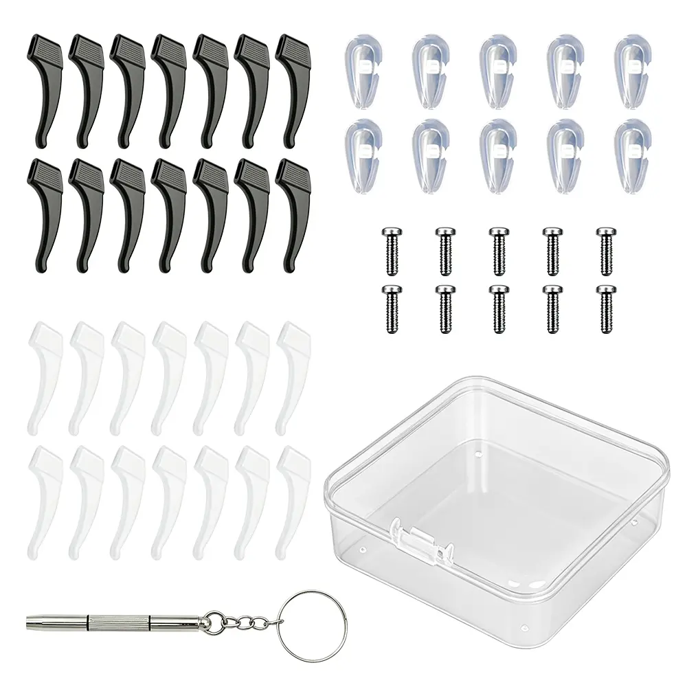 19-Piece Silicone Anti-Slip Glasses Kit - 14 U-Shaped Hooks, 5 Nose Pads, Clear/Black Anti-Slip Grip Temple Sleeves for Eyeglasses, Sunglasses, Reading Glasses