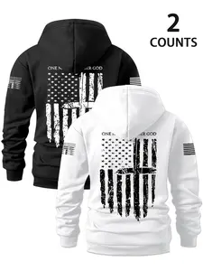 Men's Flag Pattern Fleece Hoodie Set, Fitted Casual Fashion Daily Wear, Comfortable and Stylish Hooded Clothing, Fall & Winter, Graphic Sweatshirts