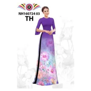 Set Traditional Vietnamese Ombre Purple & Blue Flowers Ao Dai - Bộ áo dài in 3D truyền thống - Long sleeve, no cut - Round neck