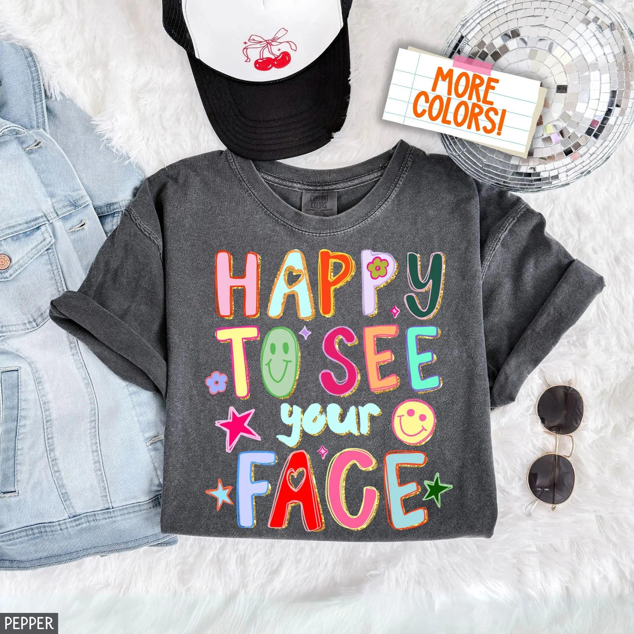 Comfort Colors Happy to See Your Face Teacher Shirt Hand Drawn Colorful Doodle Stars Messy Glitter Teacher T-shirt Appreciation Gift Tee