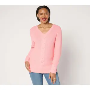 Denim & Co. Soft Knit V-Neck Cable Sweater