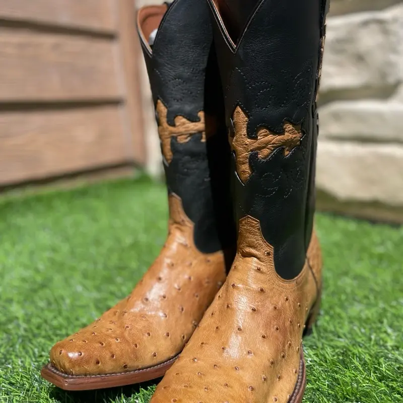 Genuine Quill Ostrich Mens Boots with Unique Brown and Black Design and Detailed Embroidery