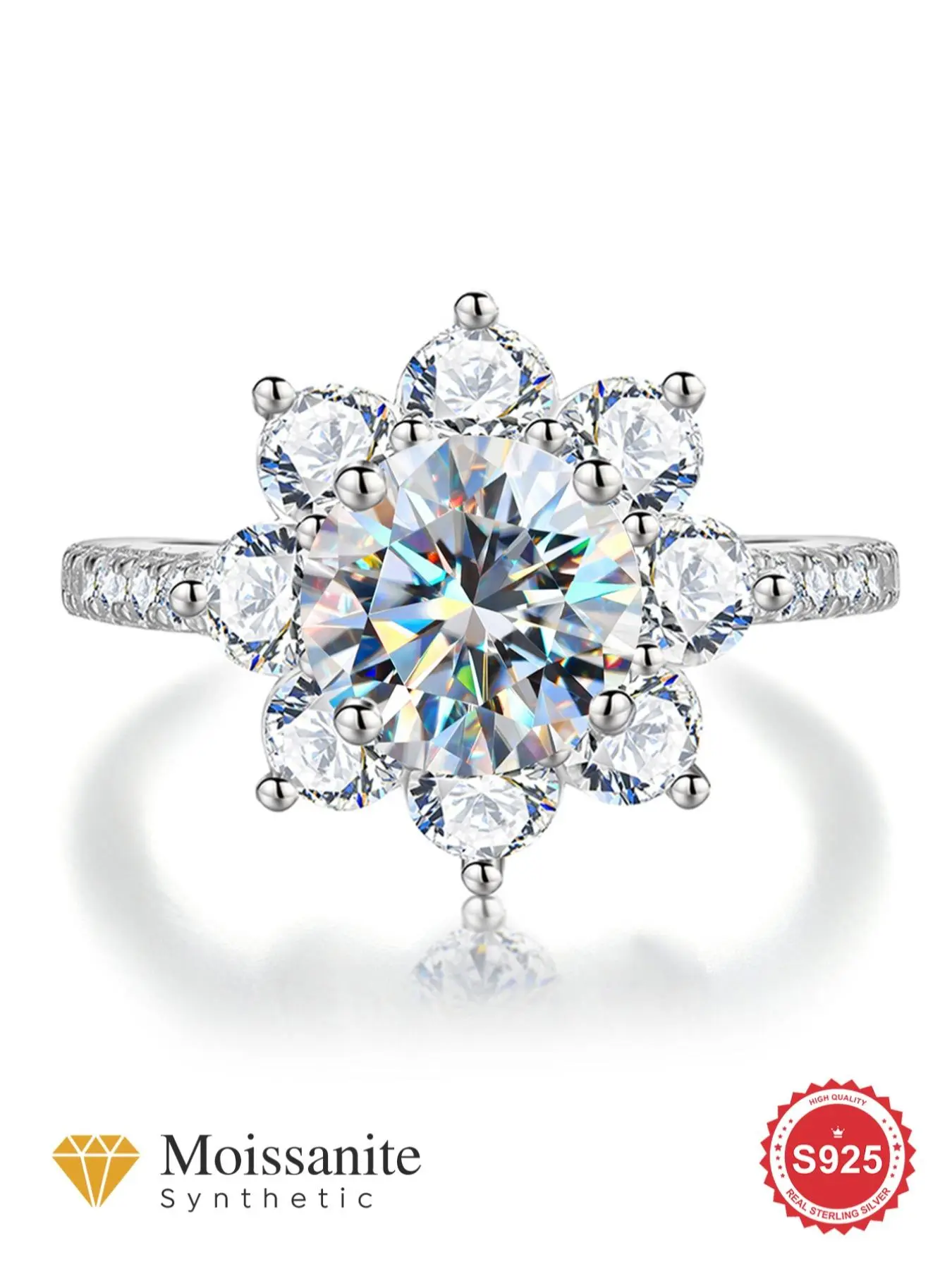 S925 Sterling Silver Synthetic Moissanite Sunflower Design Engagement Ring, Luxury Flower Design Ring for Women, Wedding Bridal Fine Jewelry Dainty Gift for Your Love