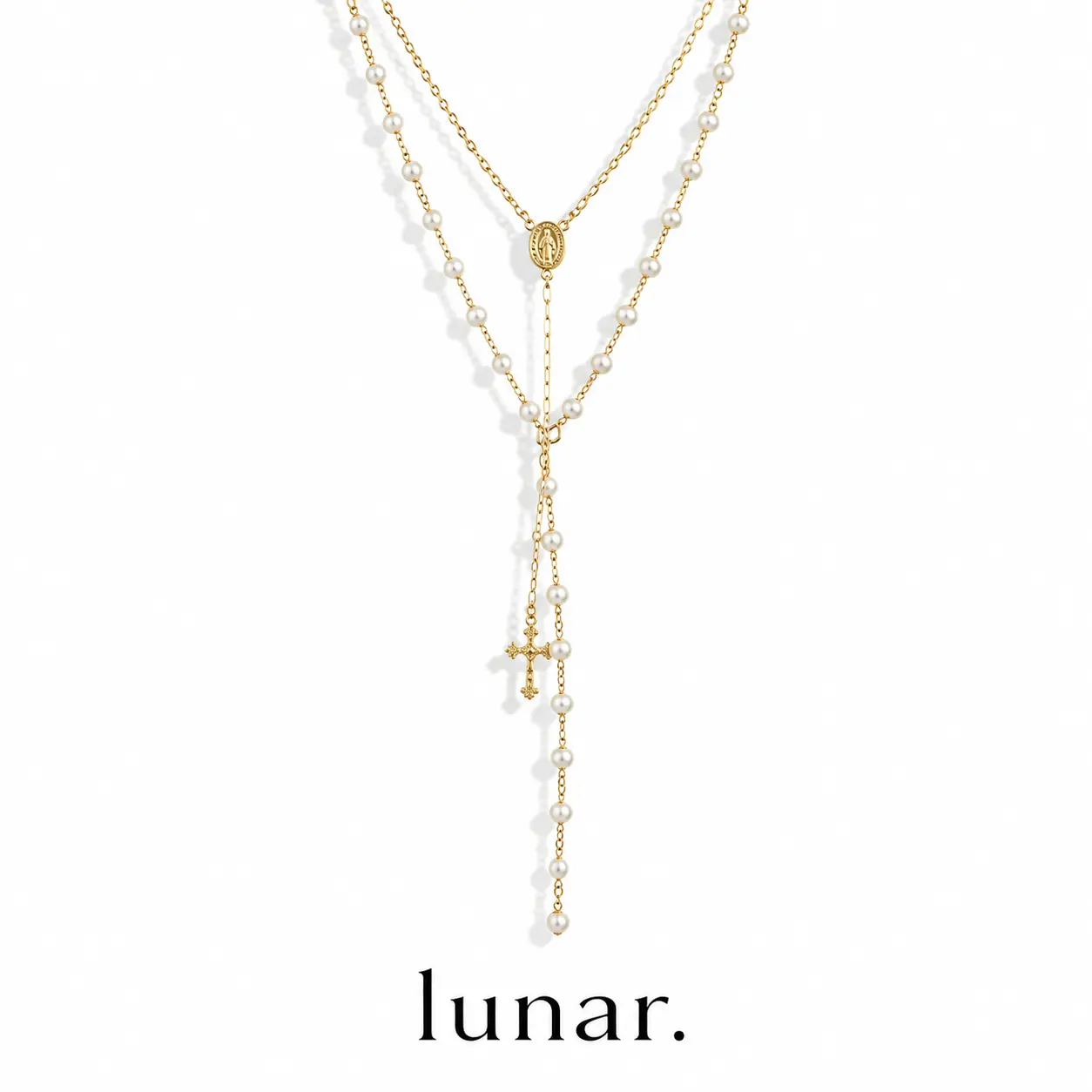 Lunar Gold Tone Layered Pearl Cross Necklace for Women, Rosary Style Lariat Y Necklace, 16-20 Inch Tassel Jewelry