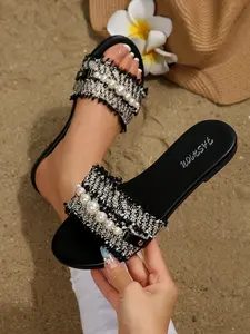 Women's Fashion Flat Sandals, Simple Pearl Decorated Open-Toe Slippers, Casual Summer Daily Commute Outdoor Shoes, PU Leather, Medium Width, Glitter Design Slides
