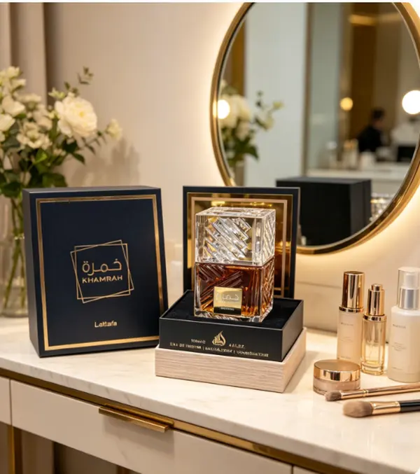 Lattafa Khamrah 100ml Unisex Arabian Eau de Parfum, Luxury Cut Crystal Bottle Warm Amber Woody Fruity Perfume, Long Lasting Fragrance With Black Gold Foil Gift Box For Office Date Evening