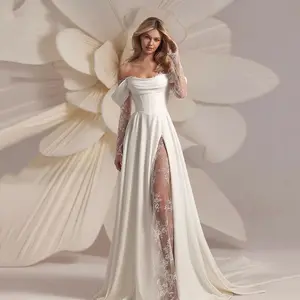 French one-shoulder light wedding dress female dress side slit lace photo travel wedding dress bride out of the gauze small tail Beige Long Sleeve Womenswear Basic
