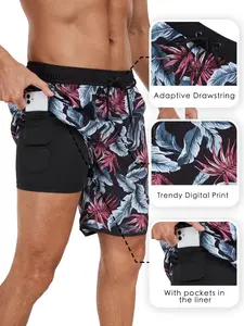 2 in 1 Men's 7 Inch Swim Shorts with Compression Liner, Quick Dry Beach Swimwear with Drawstring & Pockets for Holiday Use, Swim Trunks