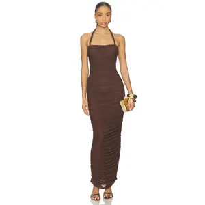 SNDYS Gianna Ruched Halterneck Maxi Dress in Chocolate