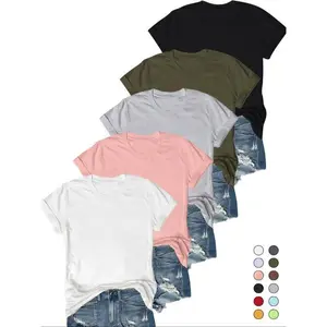 5pac Women's Solid Round Neck Tee, Casual Short Sleeve T-shirt for Summer, Ladies Basic Clothes for Daily Wear, Crewneck Streetwear Top