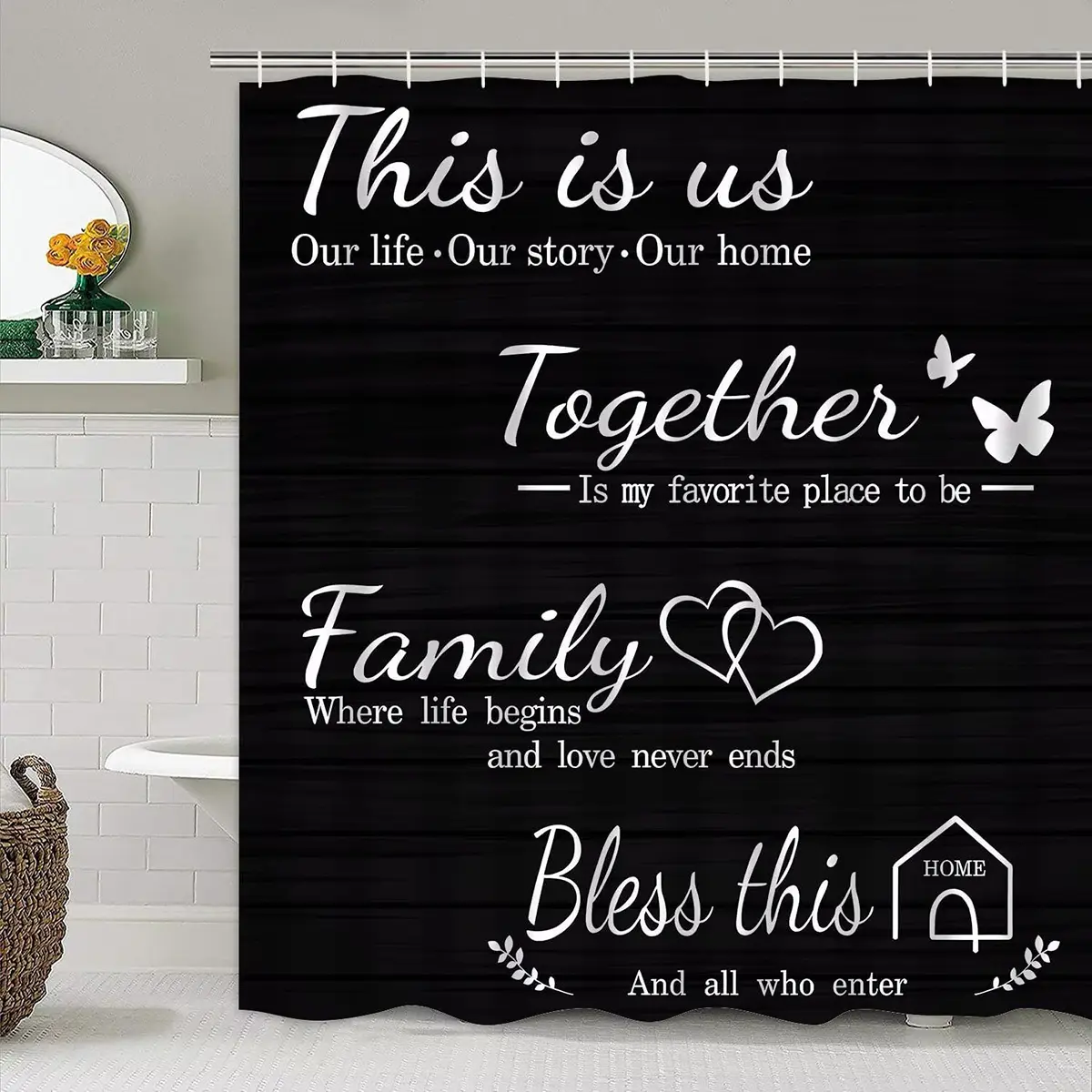 1/4pcs Black Home Minimalist Shower Curtain Set, includes non-slip mat, U-shaped rug, and toilet seat cover. Perfect for bathroom decoration, partitioning, and beautifying the space. Comes with 12 shower curtain hooks.