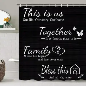 1/4pcs Black Home Minimalist Shower Curtain Set, Bathroom Decoration Accessories, includes non-slip mat, U-shaped rug, and toilet seat cover, for bathroom decoration, partitioning, With 12 shower curtain hooks