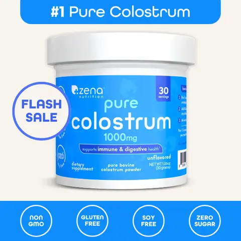 Zena Nutrition Pure Colostrum Powder 1000mg - Unflavored Grass-Fed Bovine Colostrum for Immune & Gut Health Keto Gluten-Free Fat-Free 30 Servings Dietary Natural Vitamin Supplement