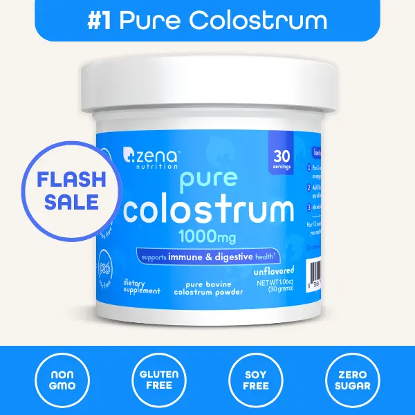 Zena Nutrition Pure Colostrum Powder 1000mg - Unflavored Grass-Fed Bovine Colostrum for Immune & Gut Health Keto Gluten-Free Fat-Free 30 Servings Dietary Natural Vitamin Supplement