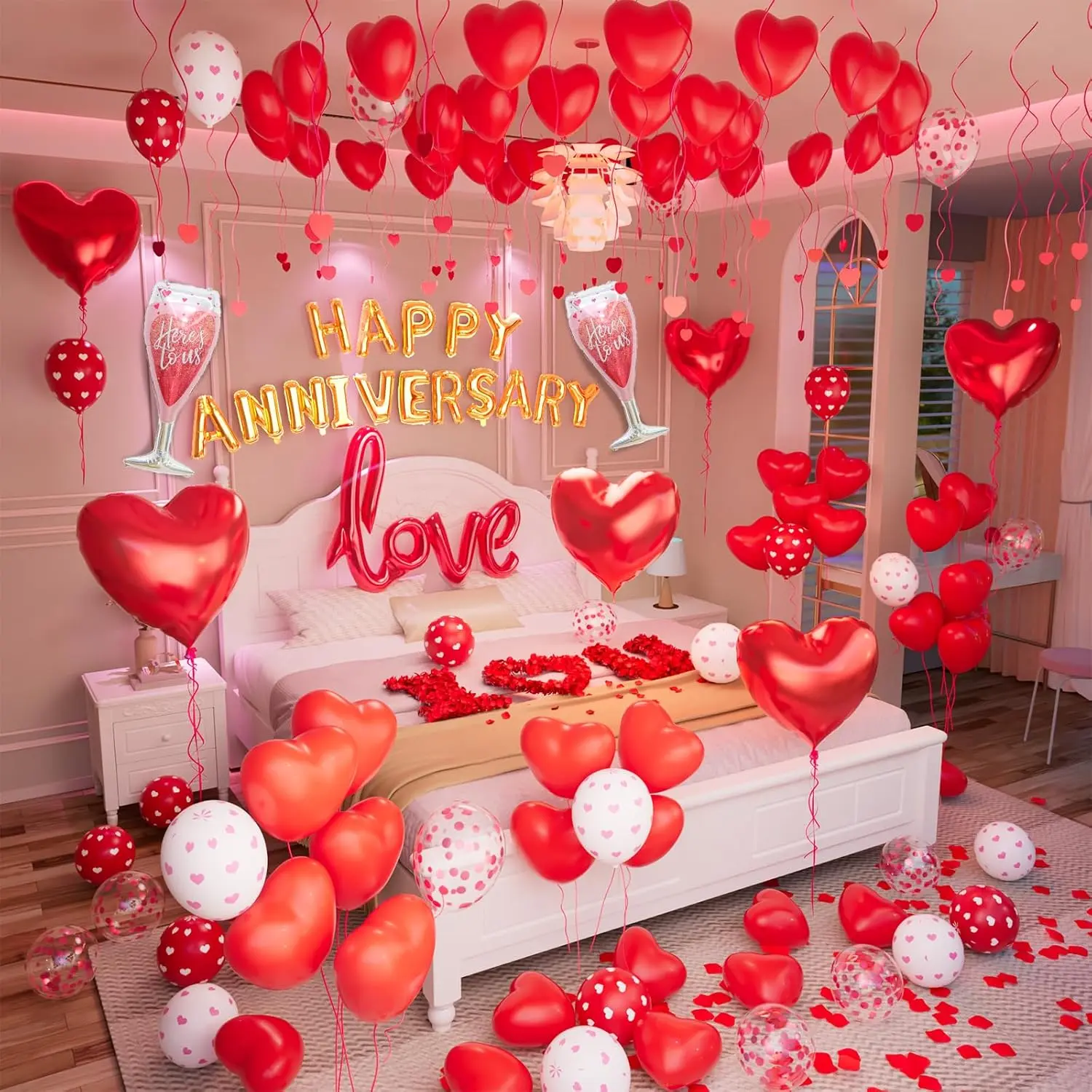 Red Romantic Party Balloons Decorations Kit - Includes Heart Shaped Balloons, Happy Anniversary Banner - for Valentine's Day Festive Decor