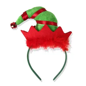 Christmas Elf Headband with Green Hat Red Satin Ribbons Jingle Bell & Feather Trim for Women Girls Kids Festive Holiday Costume Accessory 1 Pcs Gift