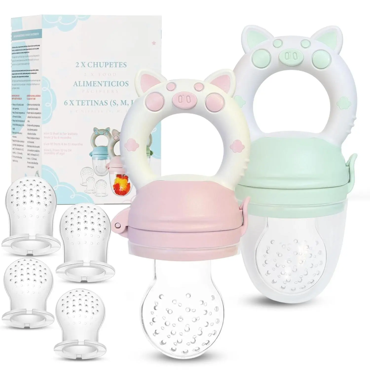 Baby Fruit Feeder Pacifier - BPA-Free Silicone Baby Food Feeder for Self-Feeding   Teething Relief   4+ Months  6 Silicone Nipples - 2 Pack Fresh Fruit Pacifier Frozen Teether - Pink & Green