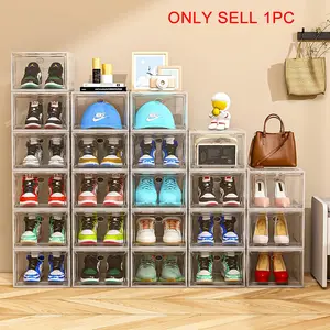 Clear Shoe Storage Box, 1 Count Magnetic Door Shoe Organizer, Stackable Shoe Rack, Space Saving Shoe Storage Box for Home Living Room Bedroom, Clear Plastic Drawers