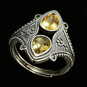 925 Sterling Silver Natural Citrine Adjustable Statement Ring