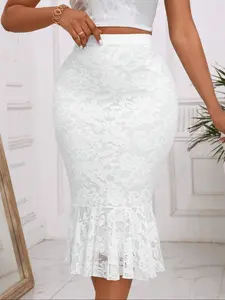 Women's Plain Ruffle Hem Lace Mermaid Skirt, Elegant Fashion Casual Mermaid Skirt for Daily Outdoor Wear, Women Bottoms for Summer Valentine's Day, gift, Elegant Chic Skirt