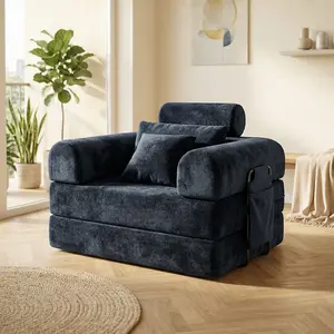QIMENG Convertible Cloud Plush Corduroy Single Seat Lounge Chair with Classic Fixed Arms, Sleeper Sofa Bed with Storage Organizer, Comfy Indoor Furniture for Reading, Napping