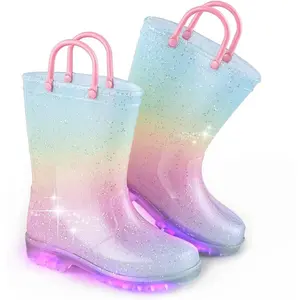 X-SOK08    Girls Glitter Light Up Waterproof Rain Boots Toddler Kids Rainbow Boots with Easy On Handles