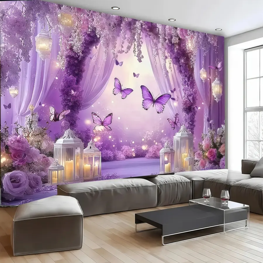 Butterfly Background Banner, Floral and Butterfly Pattern, Polyester Material, Romantic Elegant Style, Multi-Use Decor for Events, Party Background Decoration, Party Decorations Banners, Polyester Backdrop Banner