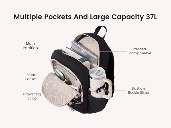LOVEVOOK School Backpack for Girls, Large Capacity 15.6 Laptop Backpack with Tumbler Pockets, Multi-Compartment Backpacks with Lucky Bunny Charm, Water-Resistant Travel Backpack, TikTokShopBackToSchool